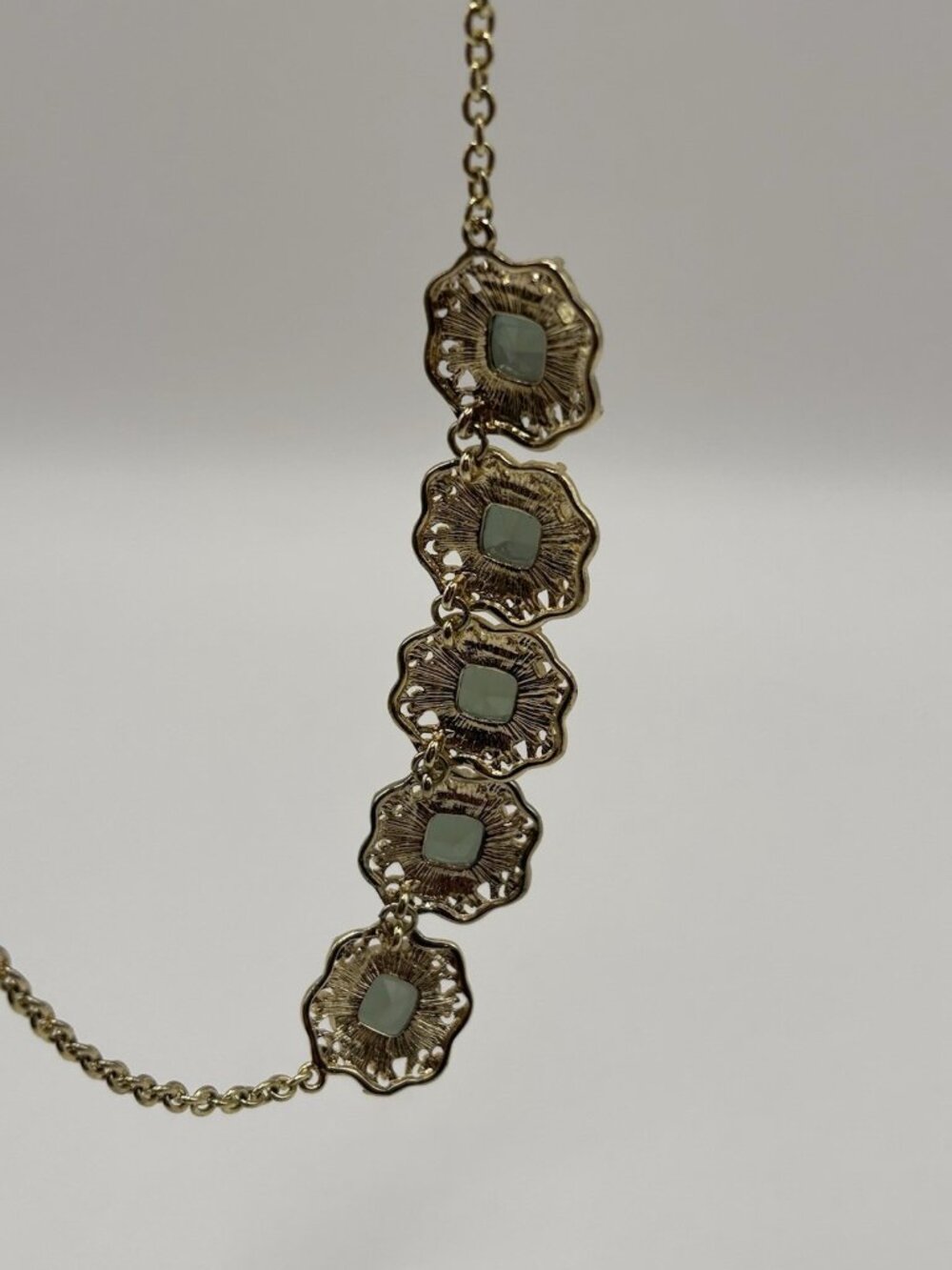 Marlyn Schiff Gold Tone Necklace Green Charcoal Rhinestones Statement Jewelry - Picture 15 of 16